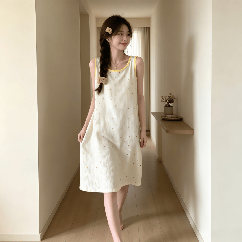 【Bản có độn ngực】Đầm ngủ nữ phong cách Nhật Bản dễ thương mới thu xuân 2026: Áo dây quai / ba lơ cotton mát, in / màu trơn đơn giản, ngọt ngào【mặc nhà hay dạo phố đều đẹp】
