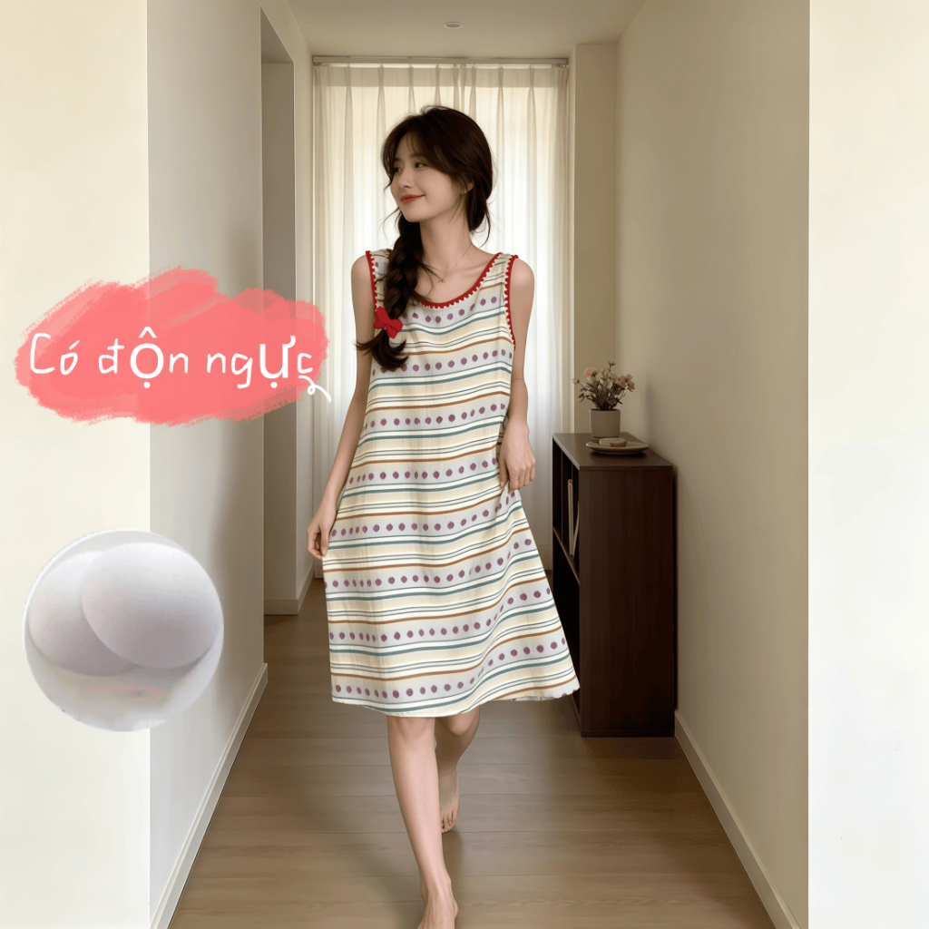 【Bản có độn ngực】Đầm ngủ nữ phong cách Nhật Bản dễ thương mới thu xuân 2026: Áo dây quai / ba lơ cotton mát, in / màu trơn đơn giản, ngọt ngào【mặc nhà hay dạo phố đều đẹp】