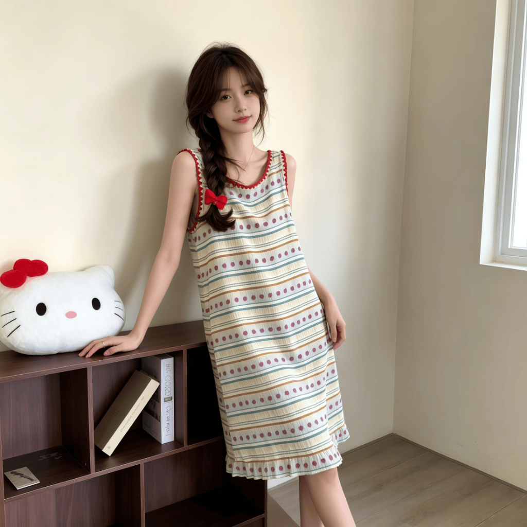 【Bản có độn ngực】Đầm ngủ nữ phong cách Nhật Bản dễ thương mới thu xuân 2026: Áo dây quai / ba lơ cotton mát, in / màu trơn đơn giản, ngọt ngào【mặc nhà hay dạo phố đều đẹp】