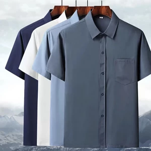 Nam Trắng Tay Ngắn Công Sở Áo Sơ Mi Xám Lụa Cha Làm Việc Oversize Rời Áo Sơ Mi Thường Ngày