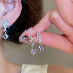 Bạc Sóng Tròn Zircon Thả Bông Tai Màu Hồng Lớn Tròn Zircon Tòn Ten Bông Tai Sáng Bóng Tuyến Tính Dây Chuyền Bông Tai Dài Nữ Trang Sức Hàng Ngày