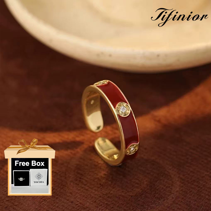 TIFINIOR Thu hút Good Fortune Nhẫn mở đồng xu mạ vàng tráng men màu đỏ, Nhẫn xếp chồng lên nhau phong thủy may mắn hợp thời trang dành cho nữ Chống thấm nước và không dễ phai.