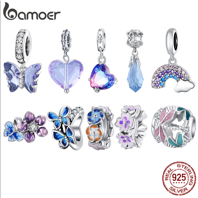 Charm bạc 925 BAMOER hình bướm /hoa tím / cầu vồng làm trang sức DIY SCC2274