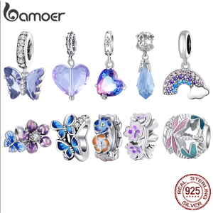 Charm bạc 925 BAMOER hình bướm /hoa tím / cầu vồng làm trang sức DIY SCC2274