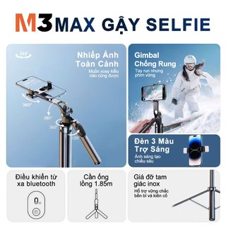 M3 MAX Gậy Chụp Ảnh Đa Năng – 3 in 1 Gậy selfie kiêm chân tripod, Dài 1.85m có thể điều chỉnh, Xoay 720 độ, Tay cầm cân bằng quay phim, Ốc vít chuẩn 1/4 (Tương thích với máy ảnh/Pocket3/ GoPro/đèn livestream)