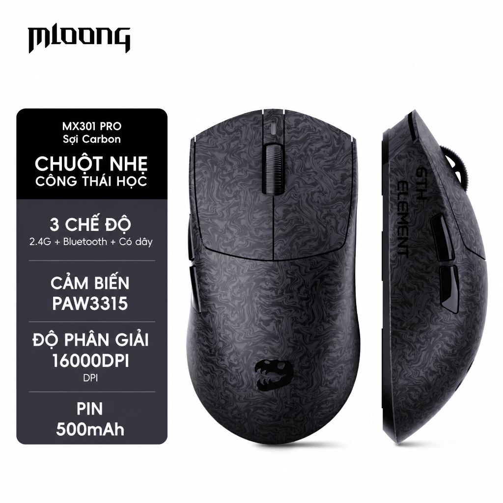 Chuột chơi game bằng sợi Carbon Mloong MX301 PRO 16000DPI Chuột kiểm tra Mock thứ ba Chuột trò chơi siêu nhẹ tiện dụng 500mAh