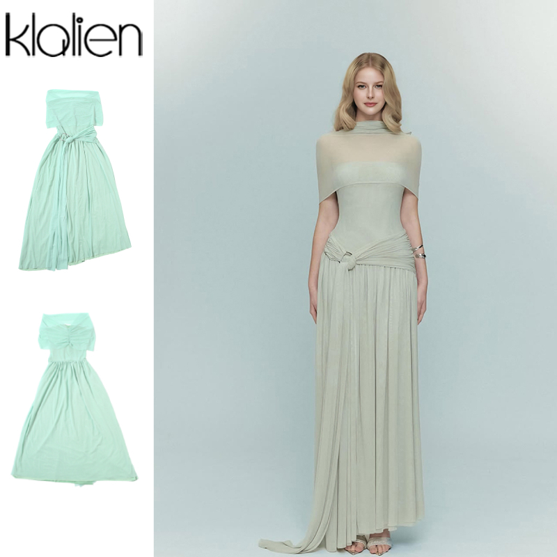 Klalien Nhẹ nhàng Cổ Chém Đầm Maxi Mỏng Chia Ruy Băng Thiết Kế Nữ Mùa Hè Pháp Phong Cách Lãng Mạn