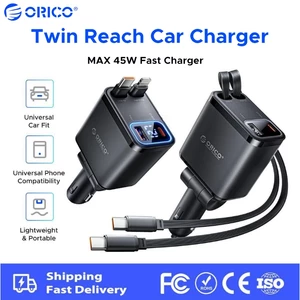 Bộ sạc ô tô có thể thu vào ORICO Twin Reach 45W, Cáp mở rộng kép 80cm PD 30W Sạc nhanh, 4 cổng USB-A + Type-C / Lightning Màn hình điện áp kỹ thuật số 12-24V Tất cả các loại xe tương thích