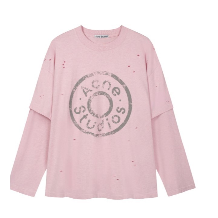 Unisex Nút Mới in Logo Lớn Vintage Đau Khổ 2 Trong 1 Áo Thun Dài Tay, Phong Cách Thường Ngày Nhật Bản-Hàn Quốc