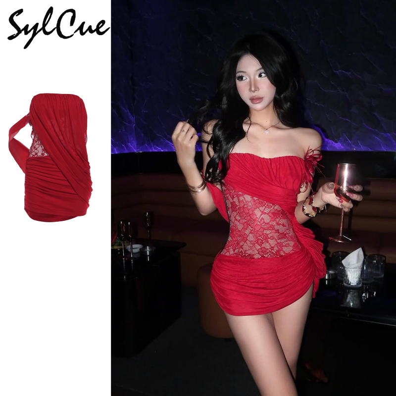 Sylcue Jacquard Chắp Vá Đầm Nữ Gợi Cảm Zip Ruy Băng Tay Không Đều Thanh Lịch Co Giãn Skinny Sinh Nhật Câu Lạc Bộ Bodycon
