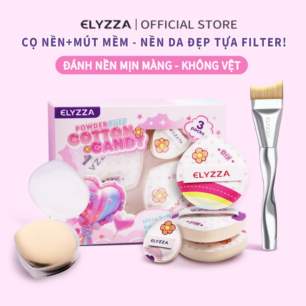 [HOT] Bông Phấn Cotton Candy ELYZZA Mềm Mại Và Thân Thiện Với Da, Có Thể Sử Dụng Cả Khô Và Ướt, Kèm Theo Một Bông Phấn Nhỏ, Cọ Đánh Nền+Mút Đánh Nền(3 PCS) Giúp Trang Điểm Tinh Tế