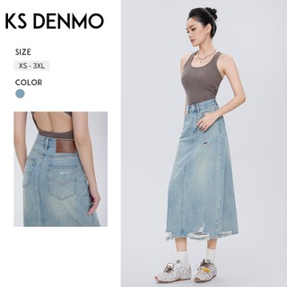 Váy denim nữ mùa hè với thiết kế rạch cao cấp và slit, dáng ôm body giúp trông nhỏ nhắn hơn.