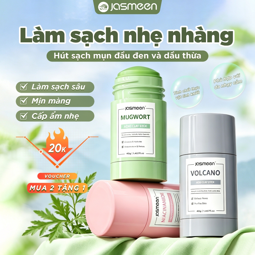 [MUA 2 TẶNG 1] Combo 3 Thanh lăn mặt nạ đất sét JASMEEN sáng da lột mụn đầu đen giảm mụn