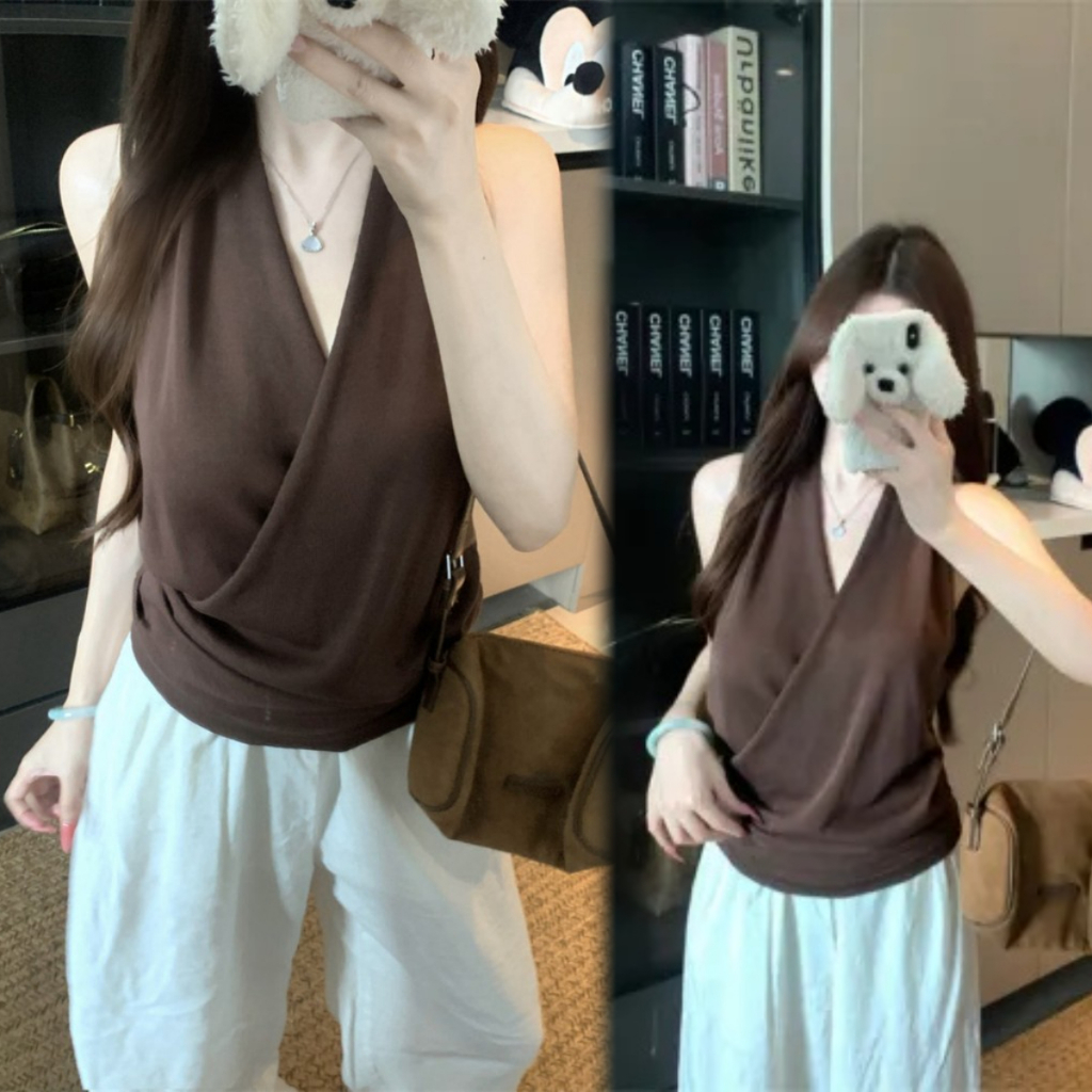 Kii Wii Áo sơ mi dệt kim không tay cổ chữ V cổ chữ V mới mùa hè dành cho nữ 260702
