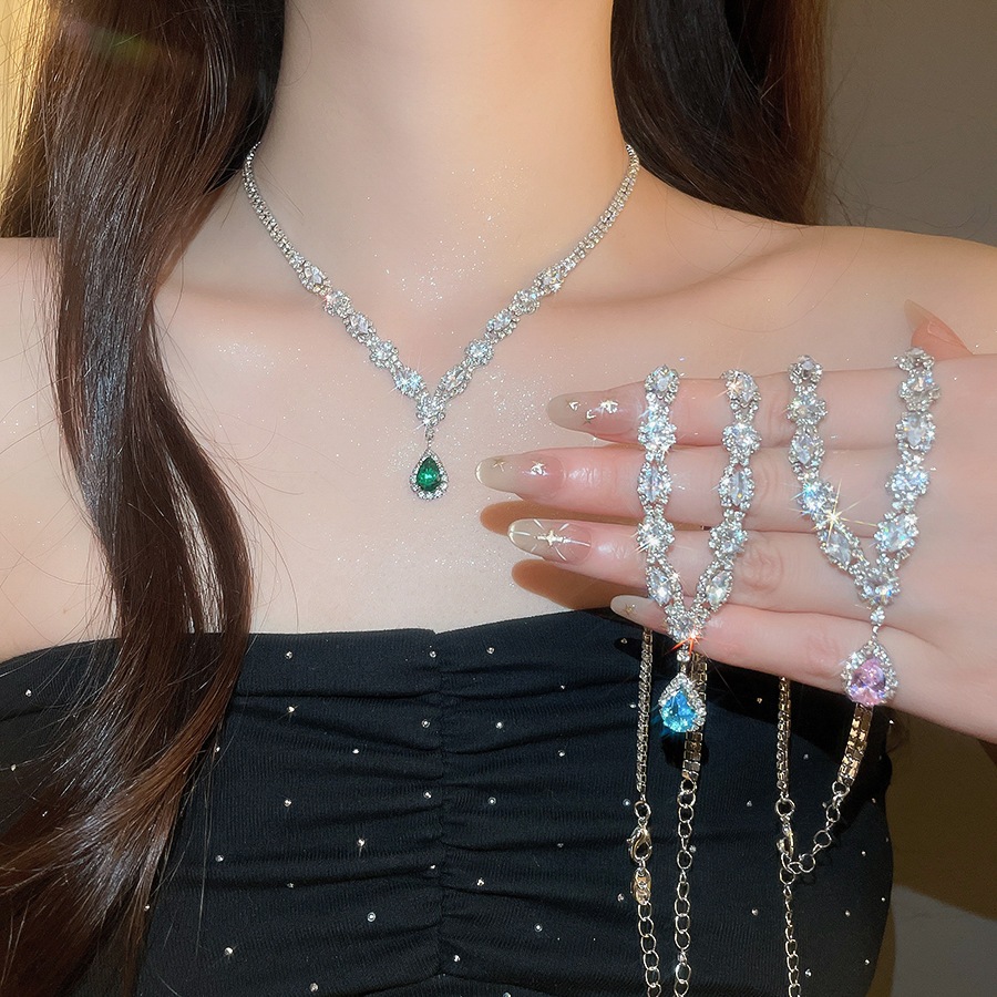 Bộ trang sức đính đá hình giọt nước màu xanh sang trọng Vòng cổ tiệc cưới & Bông tai dành cho nữ