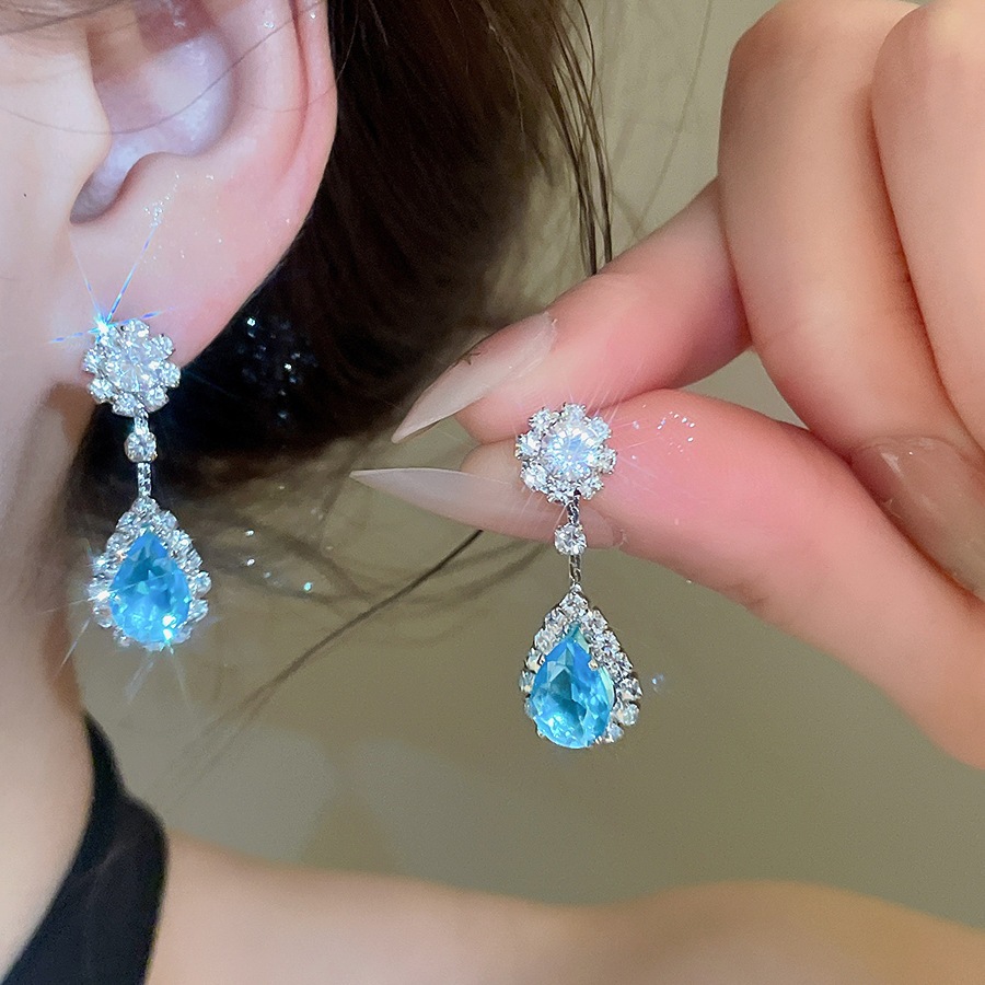 Bộ trang sức đính đá hình giọt nước màu xanh sang trọng Vòng cổ tiệc cưới & Bông tai dành cho nữ