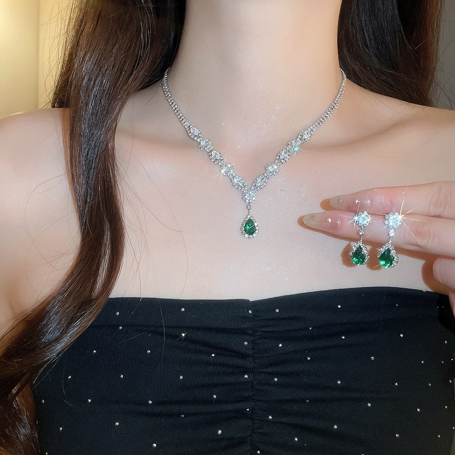Bộ trang sức đính đá hình giọt nước màu xanh sang trọng Vòng cổ tiệc cưới & Bông tai dành cho nữ