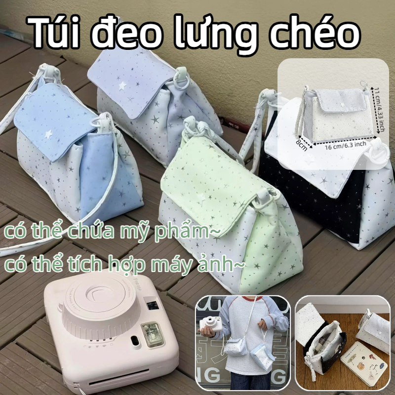 Túi đeo chéo HIGHVIEWLS, Túi trang điểm nhiều lớp bằng vải, Camera tổ chức mỹ phẩm in hình ngôi sao dung tích lớn đa chức năng