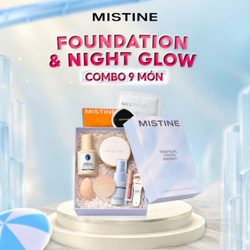 【Set hộp quà】Kem nền Mistine 30g+Cushion Night Glow 12g*2｜Tổng 9 món｜Kèm hộp quà cao cấp｜Tặng kèm 1 Má hồng fullsize 4.3g + 1 Xịt khóa nền 25ml + 1 Mặt nạ dưỡng da + 1 Bông mút trang điểm + 1 Son tint