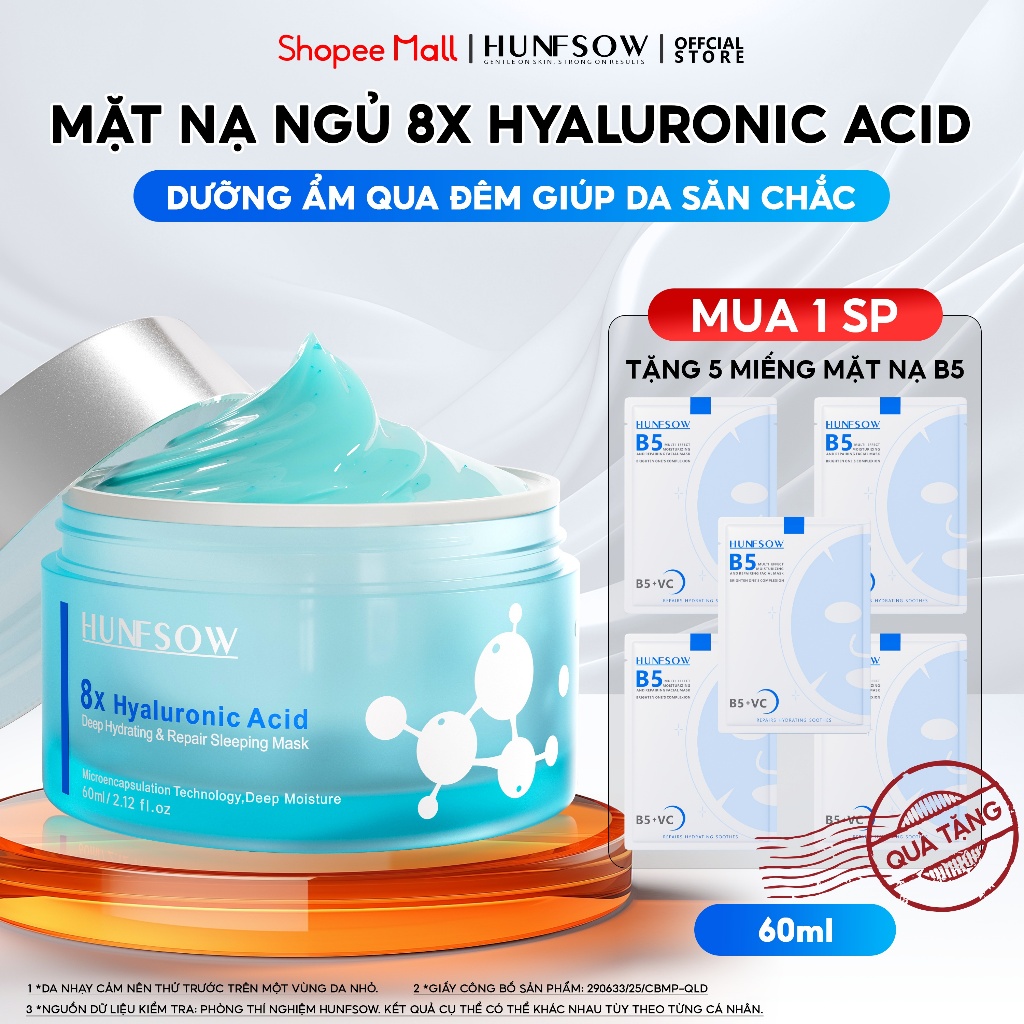 Mặt Nạ Ngủ HUNFSOW qua đêm Dưỡng ẩm và dưỡng da mềm mịn Dưỡng trắng dịu nhẹ Giúp Da Săn Chắc 8X Hyaluronic Acid Sleeping Mask 60ml