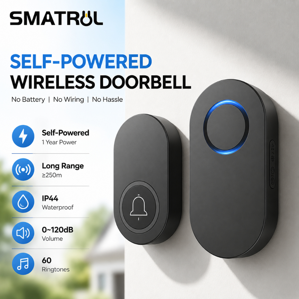 Chuông cửa không dây SMATRUL IP44 chống nước không cần pin kiểu nút nhấn tự cấp nguồn