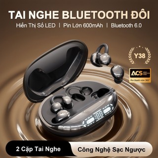 Y38 (2 cặp tai nghe) Mới Nhất Tai Nghe Đôi Kiêm Sạc Dự Phòng, Cặp tai nghe kẹp tai và 1 Cặp tai nghe ngủ, Sạc ngược cho điện thoại & thiết bị khác, Nghe nhạc liên tục hơn 30 giờ, Âm thanh nổi cấp độ HiFi, Phù hợp cho cả khi ngủ và thể thao