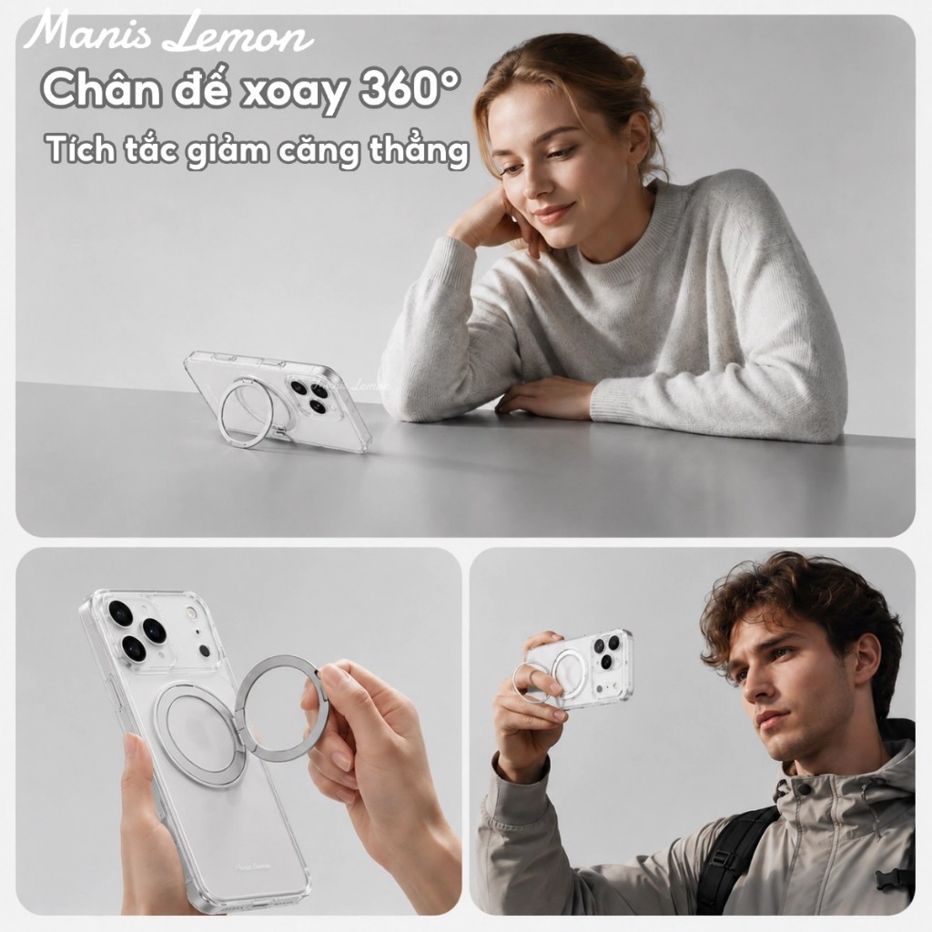 Ốp Lưng Manis Lemon Trong Suốt Từ Tính, Vòng Đỡ Xoay 360°, Bảo Vệ Camera, Hỗ Trợ Sạc Magnetic, Cho iPhone 17 16 15 14 Pro Max