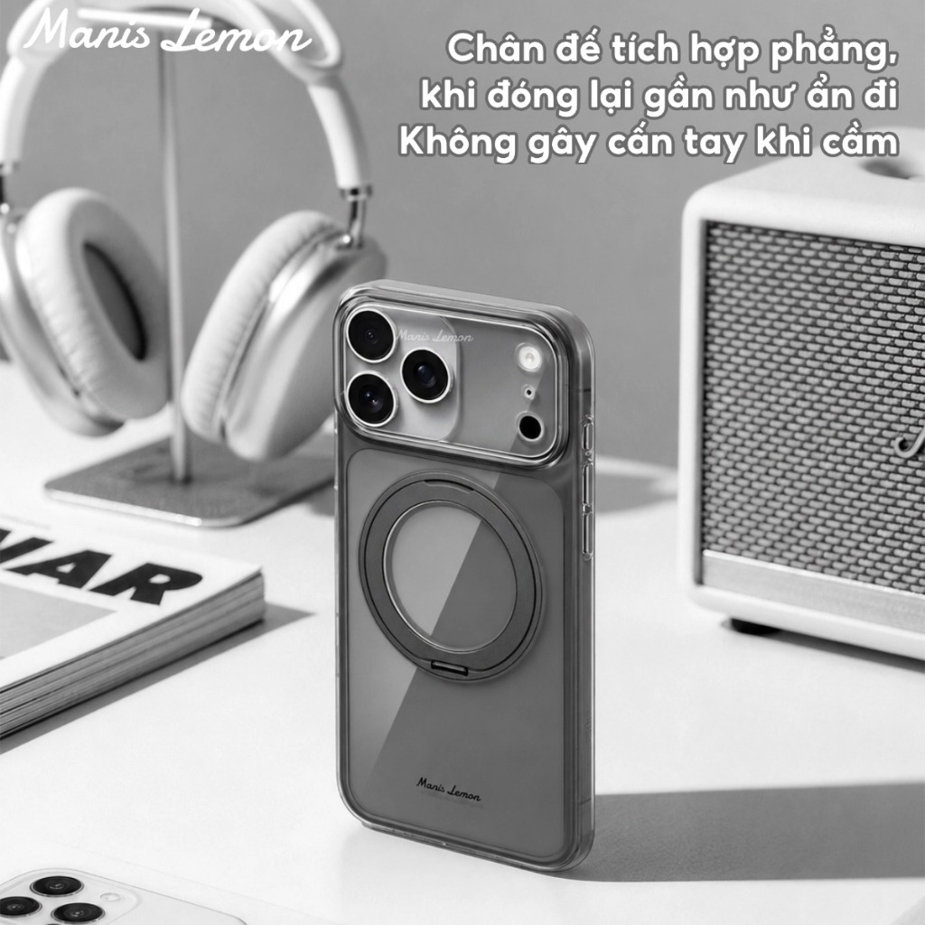Ốp Lưng Manis Lemon Trong Suốt Từ Tính, Vòng Đỡ Xoay 360°, Bảo Vệ Camera, Hỗ Trợ Sạc Magnetic, Cho iPhone 17 16 15 14 Pro Max
