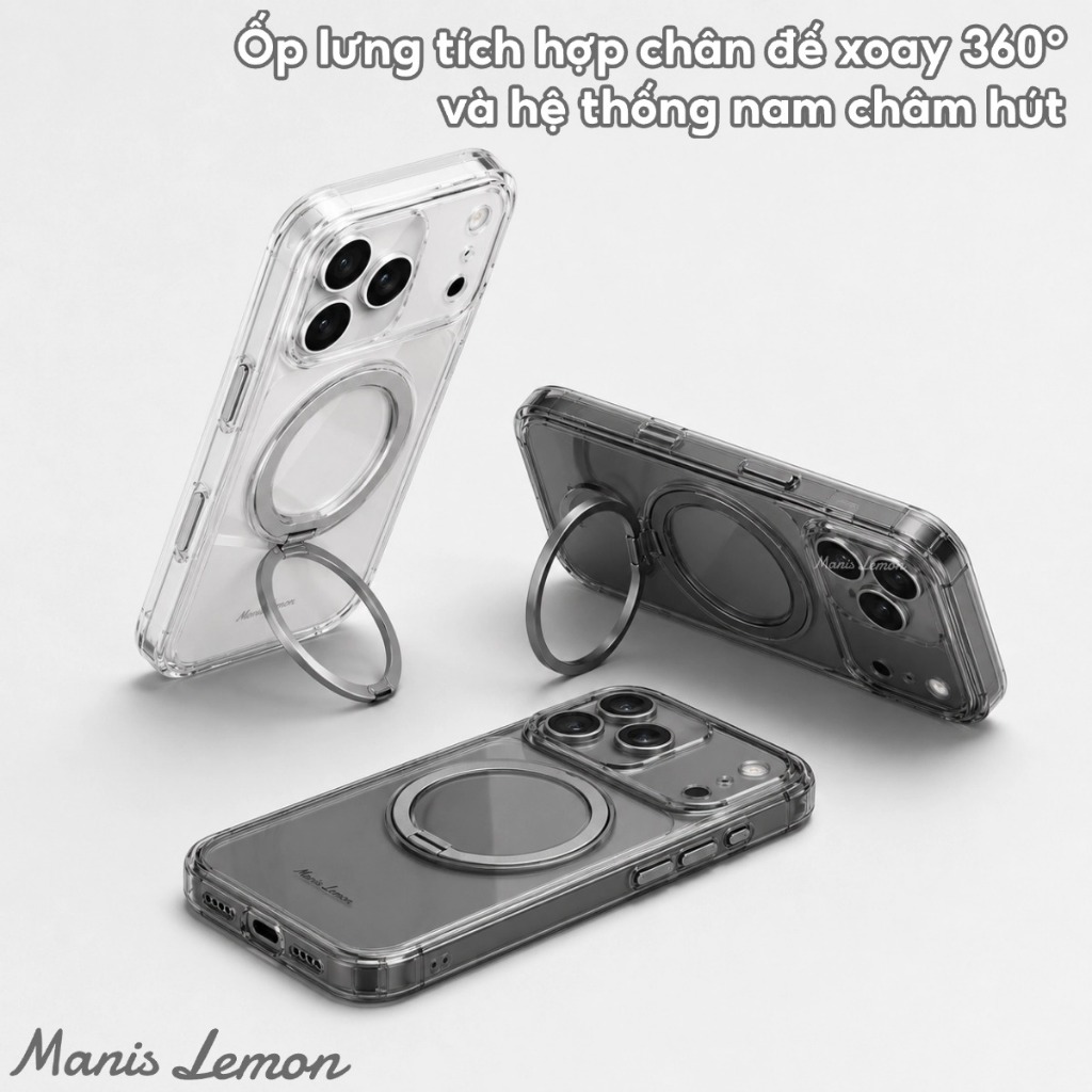 Ốp Lưng Manis Lemon Trong Suốt Từ Tính, Vòng Đỡ Xoay 360°, Bảo Vệ Camera, Hỗ Trợ Sạc Magnetic, Cho iPhone 17 16 15 14 Pro Max
