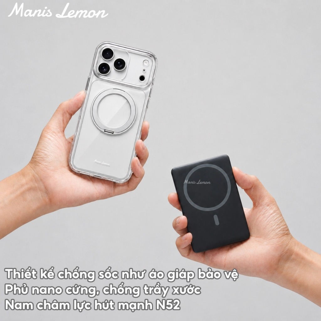 Ốp Lưng Manis Lemon Trong Suốt Từ Tính, Vòng Đỡ Xoay 360°, Bảo Vệ Camera, Hỗ Trợ Sạc Magnetic, Cho iPhone 17 16 15 14 Pro Max