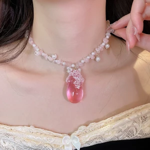 Lãng Mạn Trong Suốt Giọt Nước Mặt Dây Chuyền Choker Hỗn Hợp Không Đều Pha Lê Chip & Tròn Ngọc Trai Hạt Nối Cổ Ôm Dây Xích Thanh Lịch Phù Hợp Cổ Trang Sức Cho Nữ Hẹn Hò Cưới