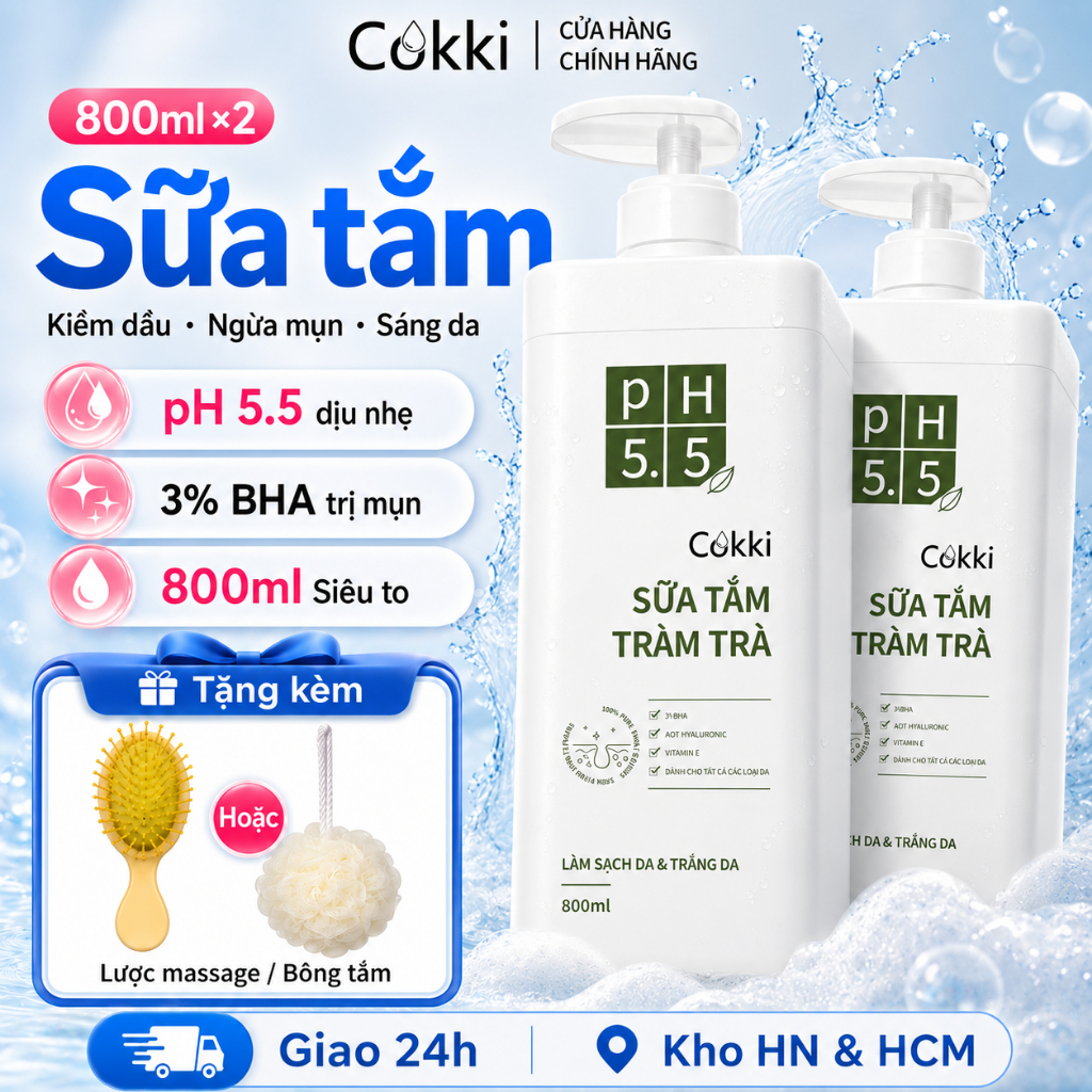 Sữa Tắm Tràm Trà Cokki BIG SIZE 800ml - Công Thức pH 5.5 Dịu Nhẹ Cho Da Nhạy Cảm - BHA & Vitamin E Loại Bỏ Dầu Thừa & Sạch Sâu Lỗ Chân Lông - Phù Hợp Cho Cả Nam & Nữ