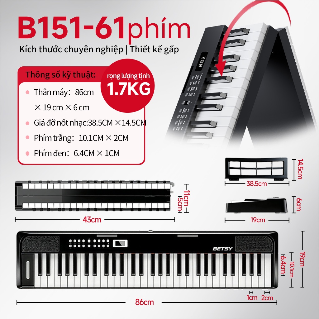 (Lô hàng kho địa phương COD) BETSY Đàn Piano Điện Tử B151T 61 Phím Gọn Phù Hợp Cho Trẻ Em Và Người Mới Bắt Đầu Thiết Kế Tiện Dễ Di Chuyển