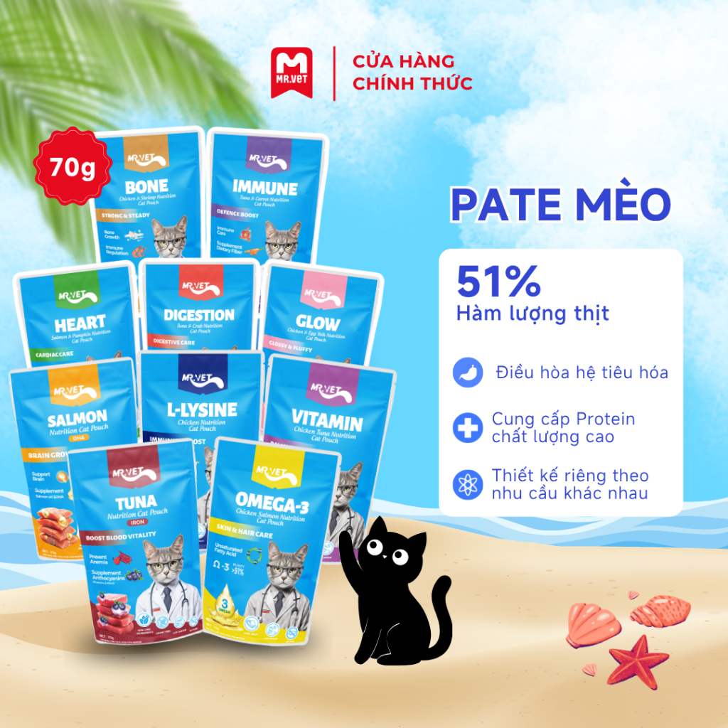 Pate Cho Mèo MRVET 10 Hương Vị Gói 70G Hỗ Trợ Tim Mạch, Tiêu Hóa, Chăm Sóc Da Lông Và Tăng Đề Kháng