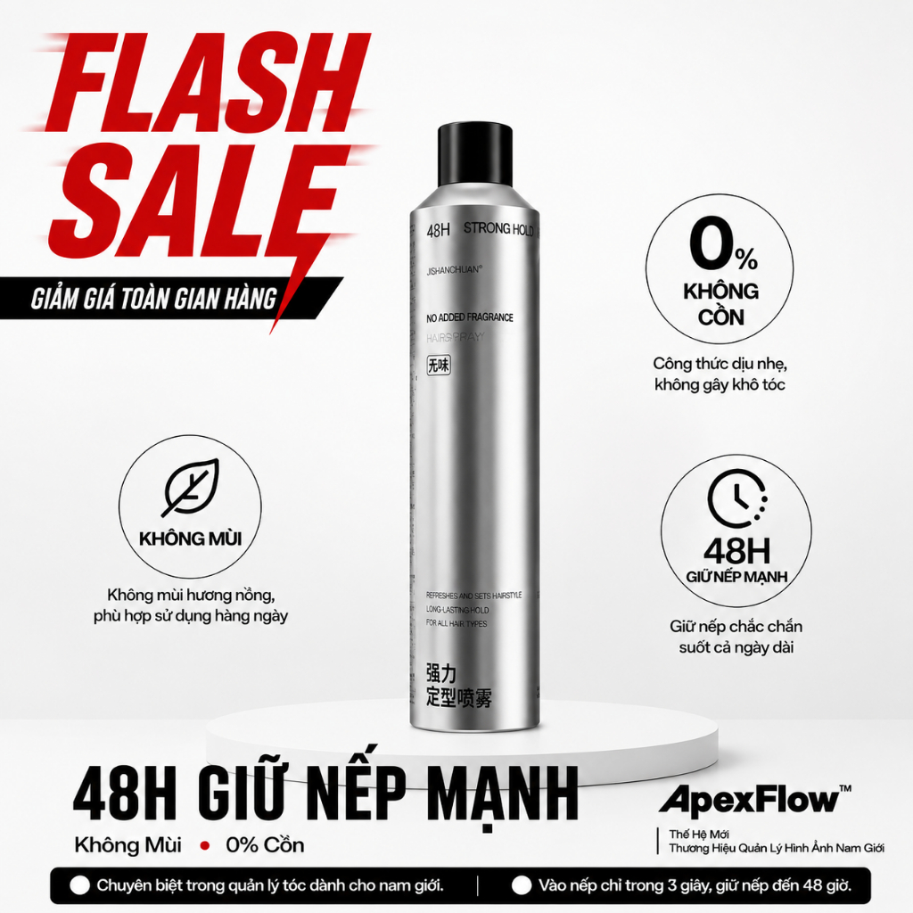 ApexFlow Xịt Giữ Nếp Không Mùi - Giữ Chắc 48H, Hoàn Thiện Tự Nhiên, Nhẹ Mượt, Cho Mọi Loại Tóc 300ml