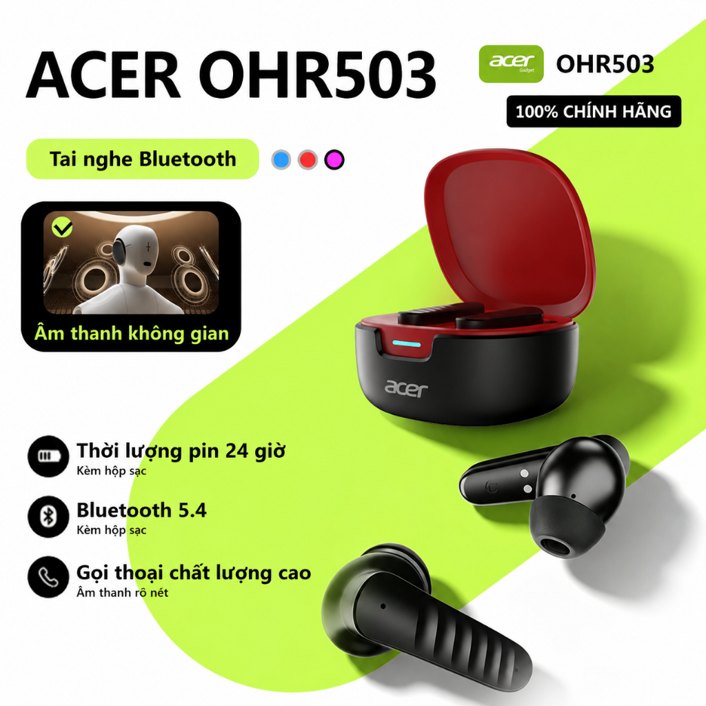 Tai nghe Bluetooth Acer OHR503TWS Esports Space Dome Hiệu ứng âm thanh Cuộc gọi Giảm tiếng ồn ENC Độ trễ Bluetooth siêu thấp... 5.4