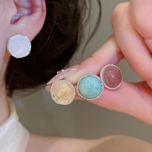 Tối Giản Đơn Tròn Cabochon Bông Tai Họa Tiết Xoắn Kim Loại Biên Giới Mịn Đánh Bóng Đá Tự Nhiên Tinh Tế Phù Hợp Với Tai Trang Sức Dành Cho Nữ Phong Cách Văn Phòng Thường Ngày