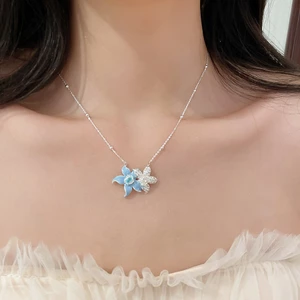 Tối Giản Hai Hoa Xương Đòn Vòng Cổ Bóng Ánh Sáng Xanh Men Hoa Với Pha Lê Lát Hoa Quyến Rũ Hạt Tròn Nhỏ Liên Kết Mỏng Tinh Tế Phù Hợp Với Cổ Trang Sức Cho Nữ Thường Ngày D