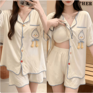 Bộ Đồ Ngủ Có Miếng Lót Ngực Nữ Mùa Hè Cardigan Ngắn Tay Mỏng Hoạt Hình Đám Mây Cotton Sinh Viên Rời Kích Thước Lớn Loungewear Phù Hợp Với