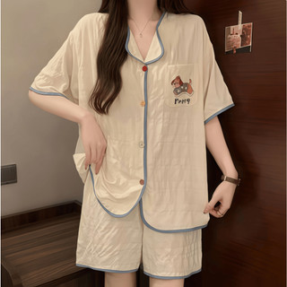 Bộ Đồ Ngủ Có Miếng Lót Ngực Nữ Mùa Hè Cardigan Ngắn Tay Mỏng Hoạt Hình Đám Mây Cotton Sinh Viên Rời Kích Thước Lớn Loungewear Phù Hợp Với