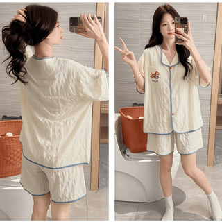 Bộ Đồ Ngủ Có Miếng Lót Ngực Nữ Mùa Hè Cardigan Ngắn Tay Mỏng Hoạt Hình Đám Mây Cotton Sinh Viên Rời Kích Thước Lớn Loungewear Phù Hợp Với