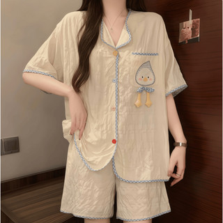 Bộ Đồ Ngủ Có Miếng Lót Ngực Nữ Mùa Hè Cardigan Ngắn Tay Mỏng Hoạt Hình Đám Mây Cotton Sinh Viên Rời Kích Thước Lớn Loungewear Phù Hợp Với