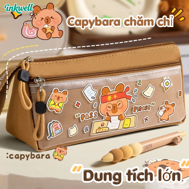 Hộp Bút Dung Tích Lớn Trong Suốt | Hộp Đựng Bút Chì Capybara | Cho Học Sinh Tiểu Học & Trung Học