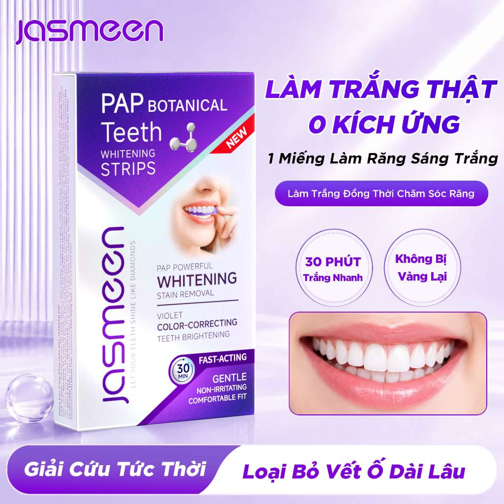 Miếng dán trắng răng JASMEEN hỗ trợ làm sáng răng, sạch mảng bám, an toàn cho men răng (7 miếng/hộp)