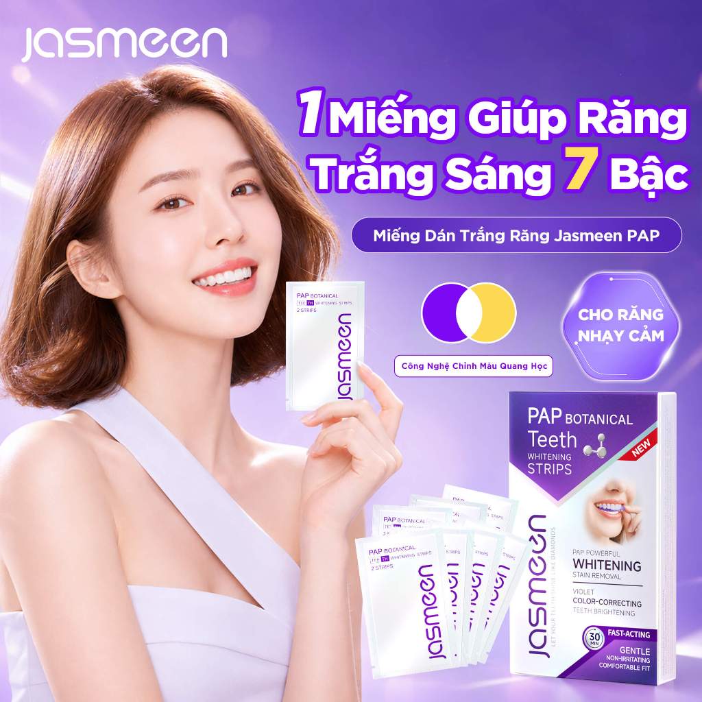 Miếng dán trắng răng JASMEEN hương trái cây kết hợp bạc hà hỗ trợ duy trì màu sắc răng sáng