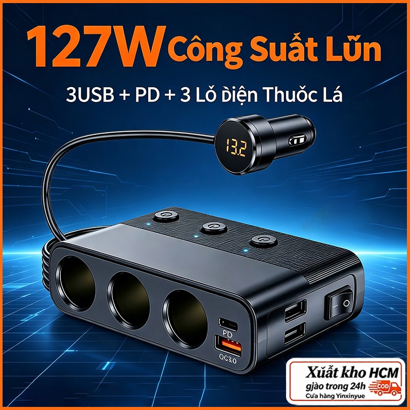 Bộ chia tẩu và sạc nhanh trên ô tô C28, Hỗ trợ sạc nhanh Type-C 30W, QC3.0