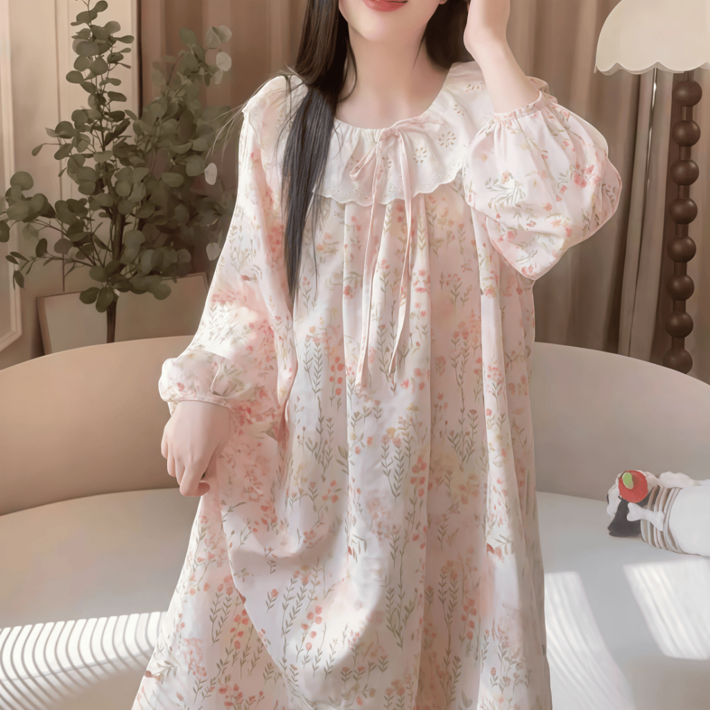 Bộ đồ ngủ nữ dễ thương mới thu xuân 2026: Áo cổ bẻ viền ren + quần cotton mát, in hình ngọt ngào【mặc nhà hay dạo phố đều đẹp】