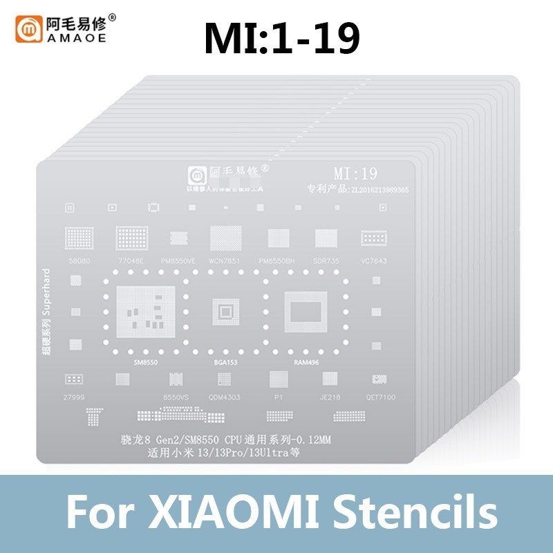 AMAOE MI 1- MI 19 BGA Reballing stencil cho Xiaomi 11 12 Redmi k30pro k40 K50 pro Điện thoại CPU RAM PMIC AUDIO WIFI Bộ sạc nguồn IC Chip BGA Reballing stencil