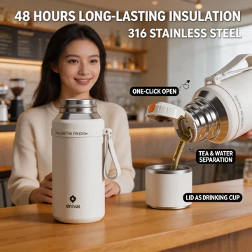 Enival Bình nước cầm tay kèm tay cầm và dây đeo, Cốc giữ nhiệt cỡ lớn nóng và lạnh, Bình giữ nhiệt chân không 1.5 Lít kèm lọc trà, Bình nước mở nắp bằng một chạm, Bình giữ nhiệt du lịch hoạt động ngoà