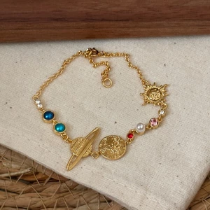 Vintage Không Gian Hành Tinh Dây Chuyền Vòng Tay Nổi Sao Thổ & Mặt Trời Đồng Xu Quyến Rũ Hỗn Hợp Nhiều Màu Đá Quý Tròn Miếng Đệm Ngọc Trai Mỏng Có Thể Điều Chỉnh Liên Kết Phù Hợp Với Trang Sức Cổ Tay Cho Nữ Hàng Ngày